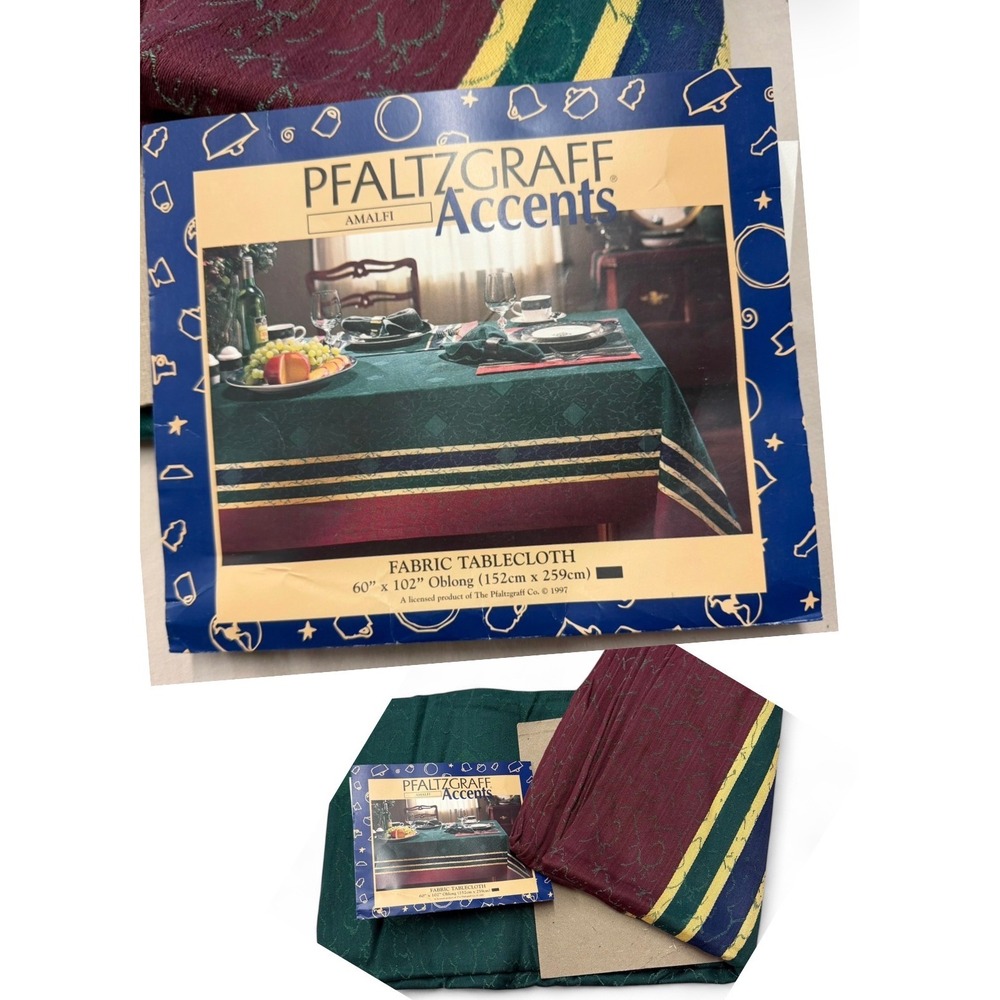 1997 Pfaltzgraff  Amalfi Hunter Green Fabric Tablecloth 60x102 Oblong‎ Burgundy